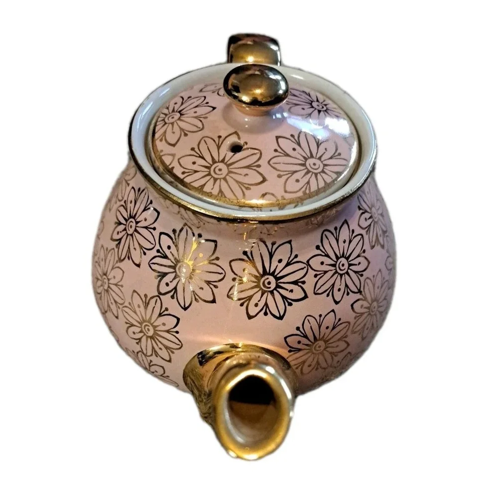 Hall China Pink Gold Label New York Flower Teapot Tea Pot 6 Cup Mid Century‎ USA